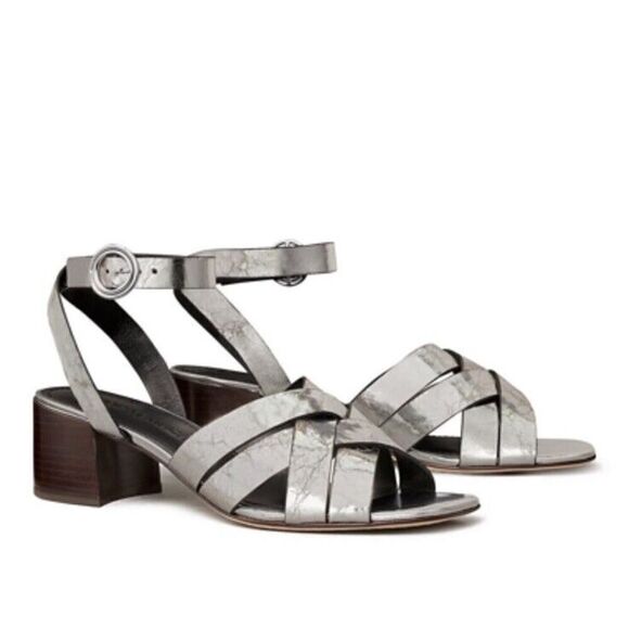 Tory Burch City Heel Ankle Strap Sandal In Silver sz 7 M - Picture 6 of 8